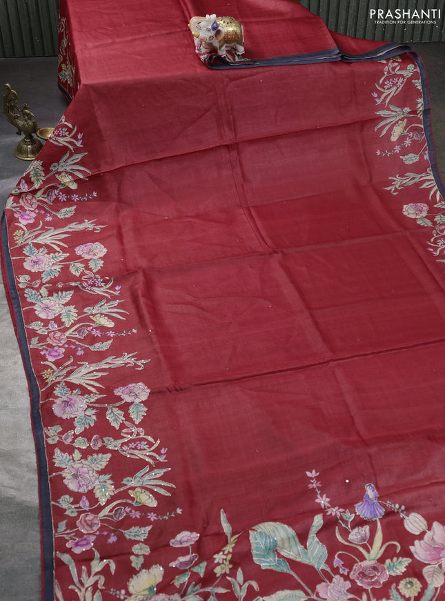 Pure tussar silk saree red and black with mirror embroidery work and prints & embroidery work pallu
