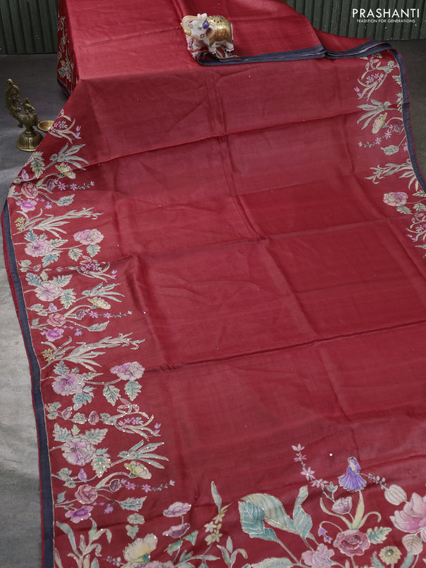 Pure tussar silk saree red and black with mirror embroidery work and prints & embroidery work pallu