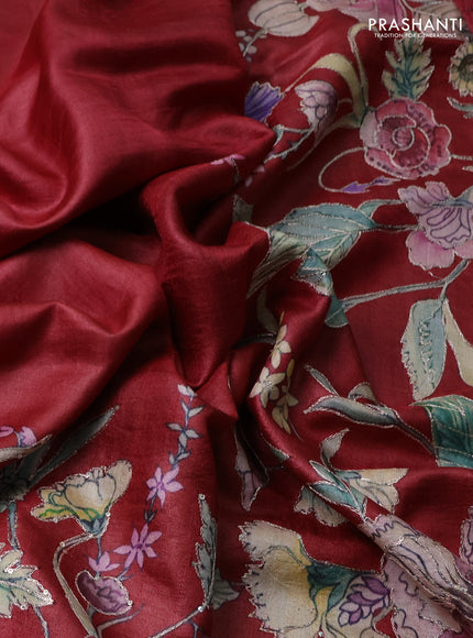 Pure tussar silk saree red and black with mirror embroidery work and prints & embroidery work pallu