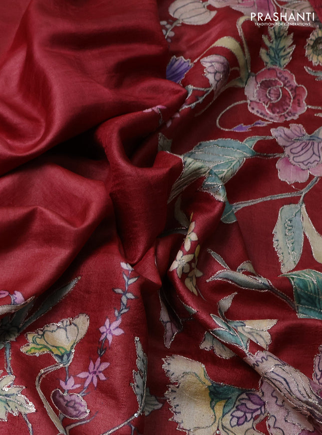 Pure tussar silk saree red and black with mirror embroidery work and prints & embroidery work pallu
