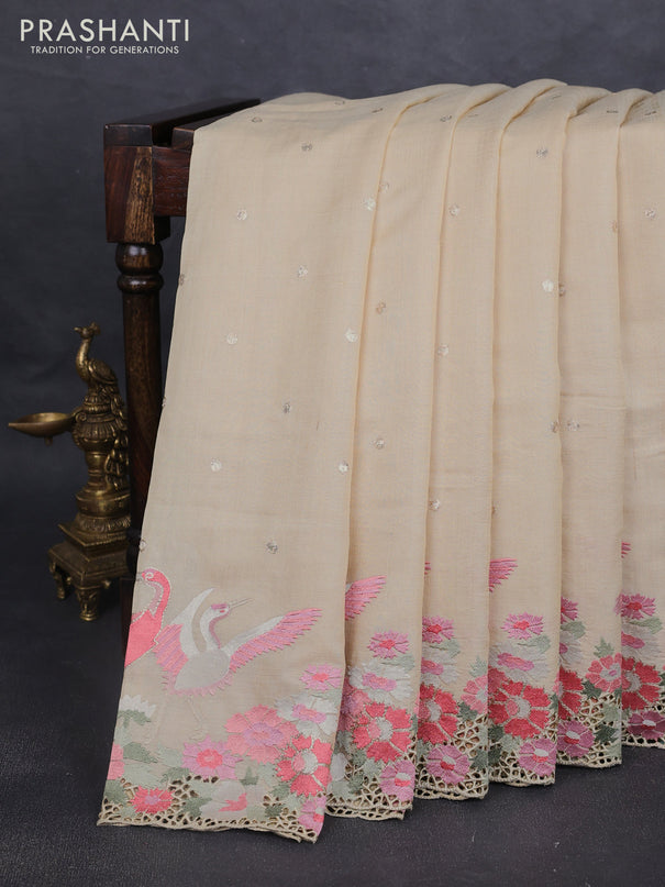 Pure tussar silk saree cream with embroidery work buttas and embroidery cut work border