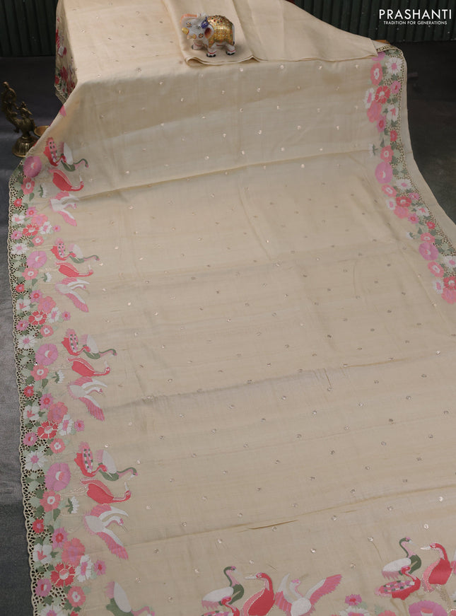 Pure tussar silk saree cream with embroidery work buttas and embroidery cut work border