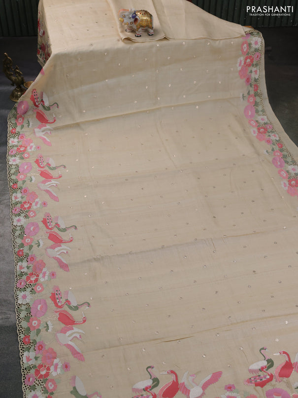 Pure tussar silk saree cream with embroidery work buttas and embroidery cut work border