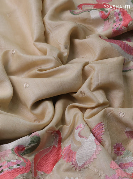Pure tussar silk saree cream with embroidery work buttas and embroidery cut work border