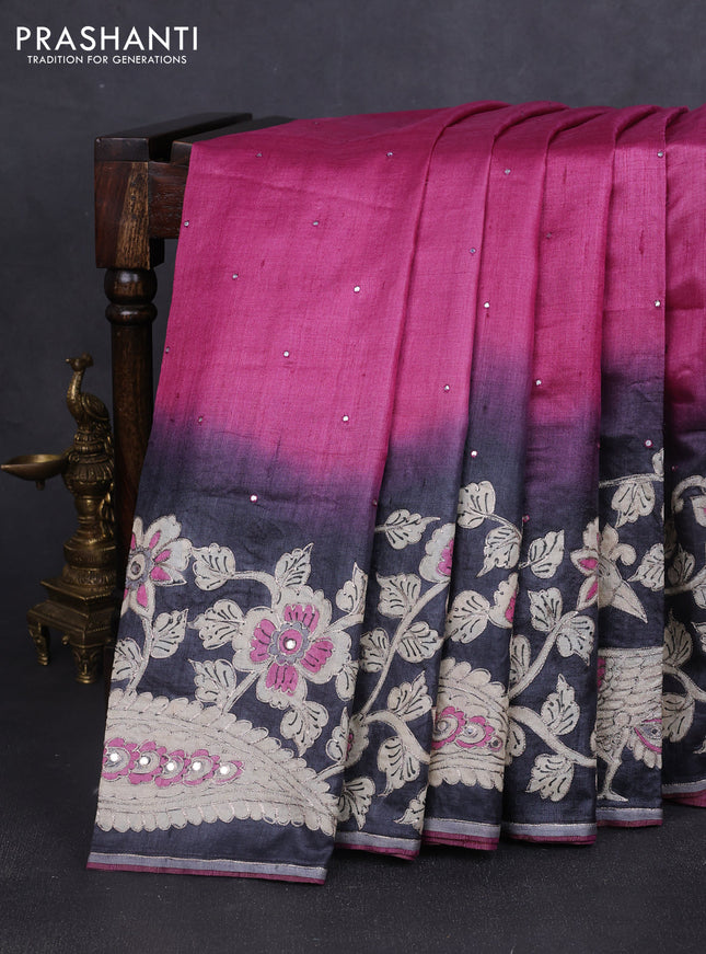 Pure tussar silk saree pink and black with mirror embroidery work and kalamkari embroidery work pallu