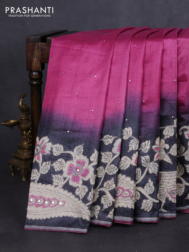 Pure tussar silk saree pink and black with mirror embroidery work and kalamkari embroidery work pallu