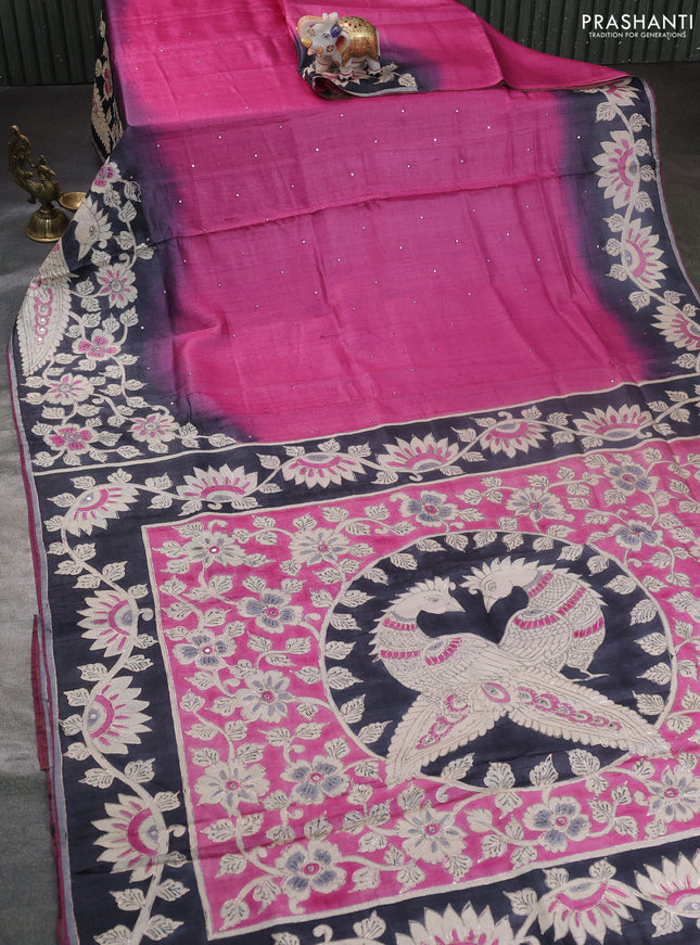 Pure tussar silk saree pink and black with mirror embroidery work and kalamkari embroidery work pallu