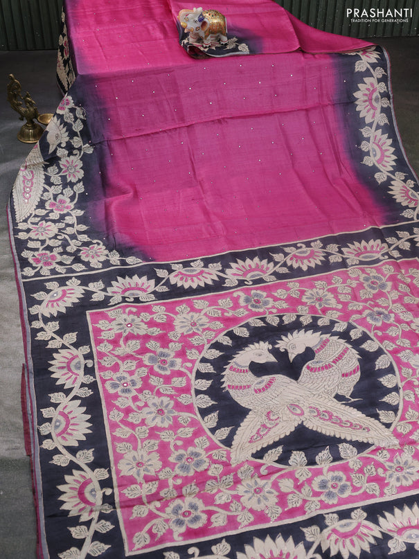 Pure tussar silk saree pink and black with mirror embroidery work and kalamkari embroidery work pallu