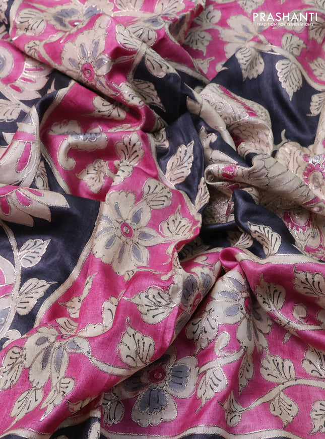 Pure tussar silk saree pink and black with mirror embroidery work and kalamkari embroidery work pallu