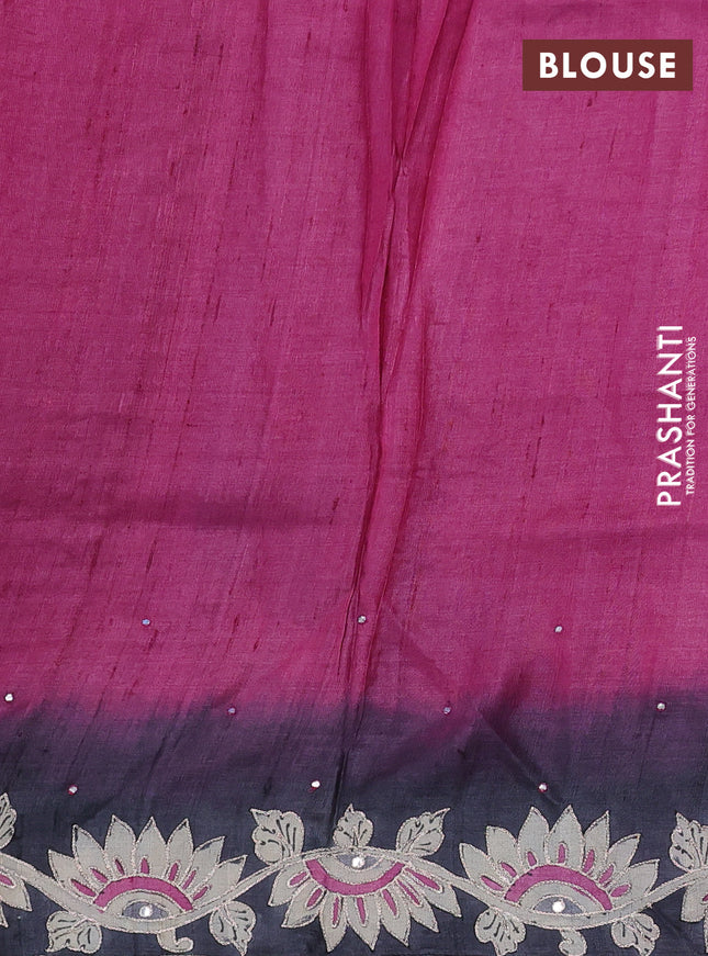 Pure tussar silk saree pink and black with mirror embroidery work and kalamkari embroidery work pallu