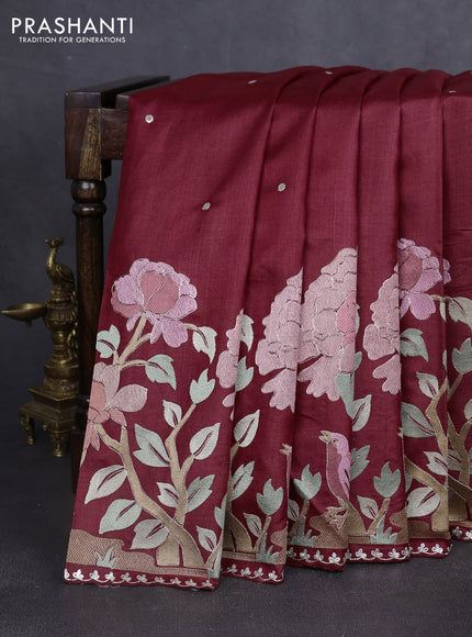 Pure tussar silk saree maroon with embroidery work buttas and embroidery work border