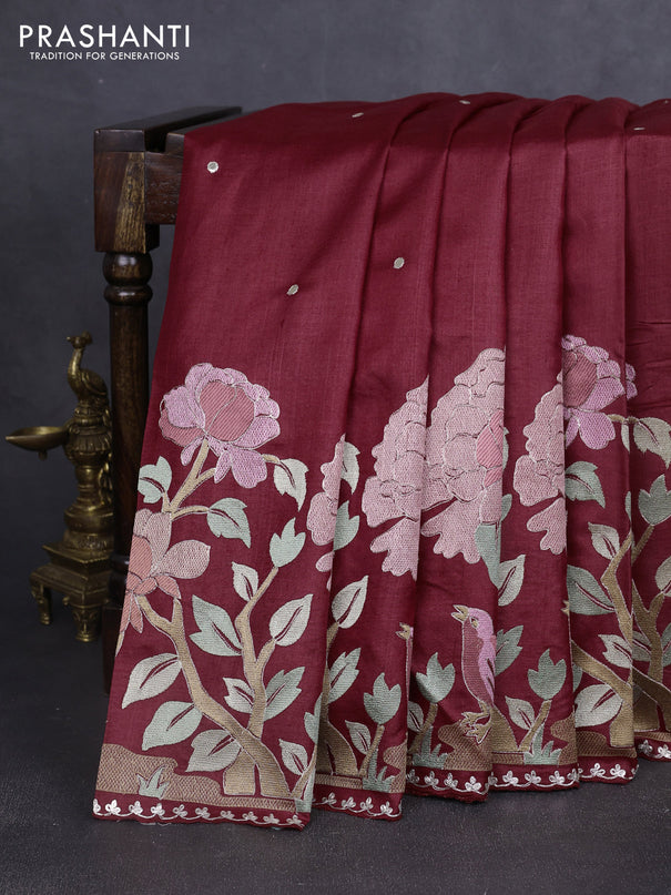 Pure tussar silk saree maroon with embroidery work buttas and embroidery work border
