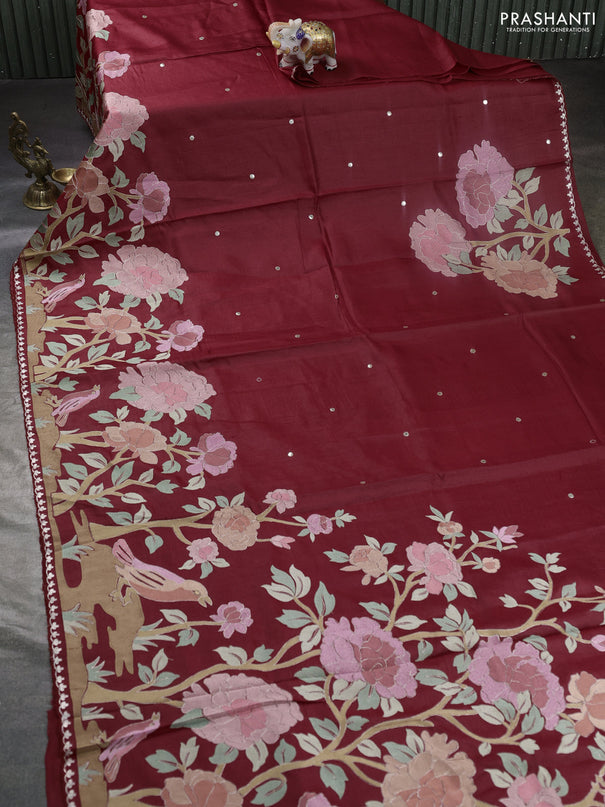 Pure tussar silk saree maroon with embroidery work buttas and embroidery work border