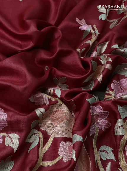 Pure tussar silk saree maroon with embroidery work buttas and embroidery work border