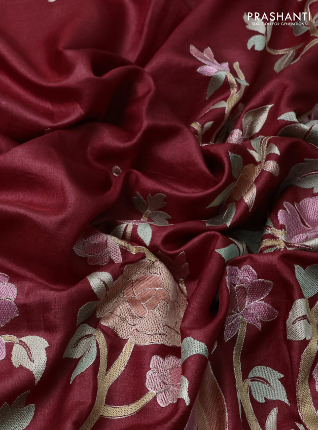 Pure tussar silk saree maroon with embroidery work buttas and embroidery work border