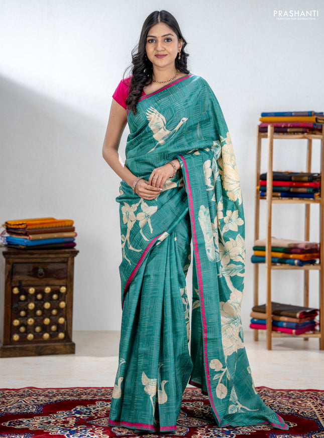 Pure tussar silk saree teal green and pink with prints & pita work and kantah stitch work border