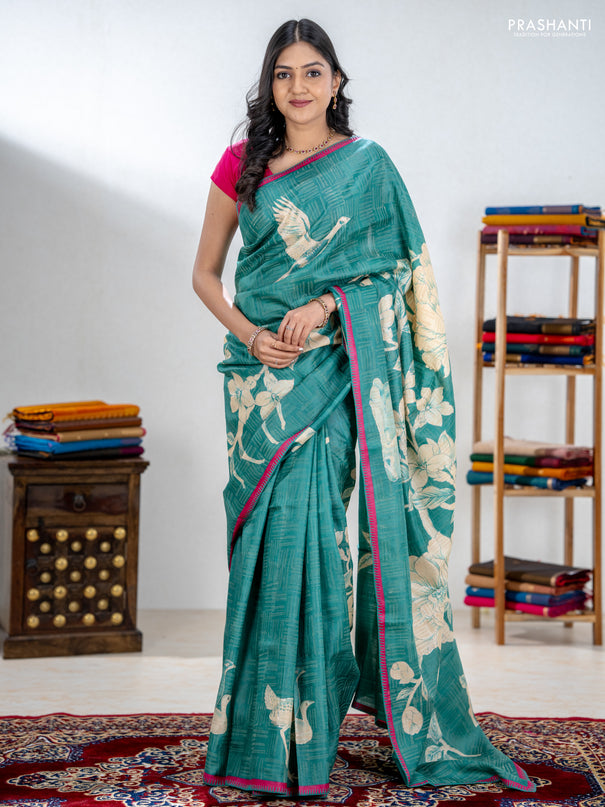 Pure tussar silk saree teal green and pink with prints & pita work and kantah stitch work border