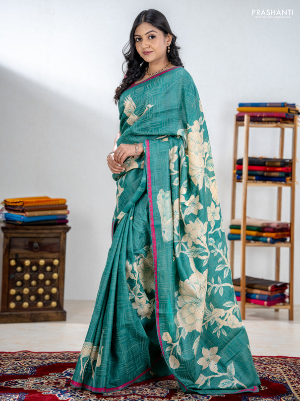 Pure tussar silk saree teal green and pink with prints & pita work and kantah stitch work border