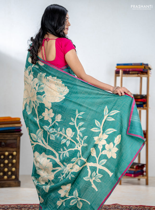 Pure tussar silk saree teal green and pink with prints & pita work and kantah stitch work border
