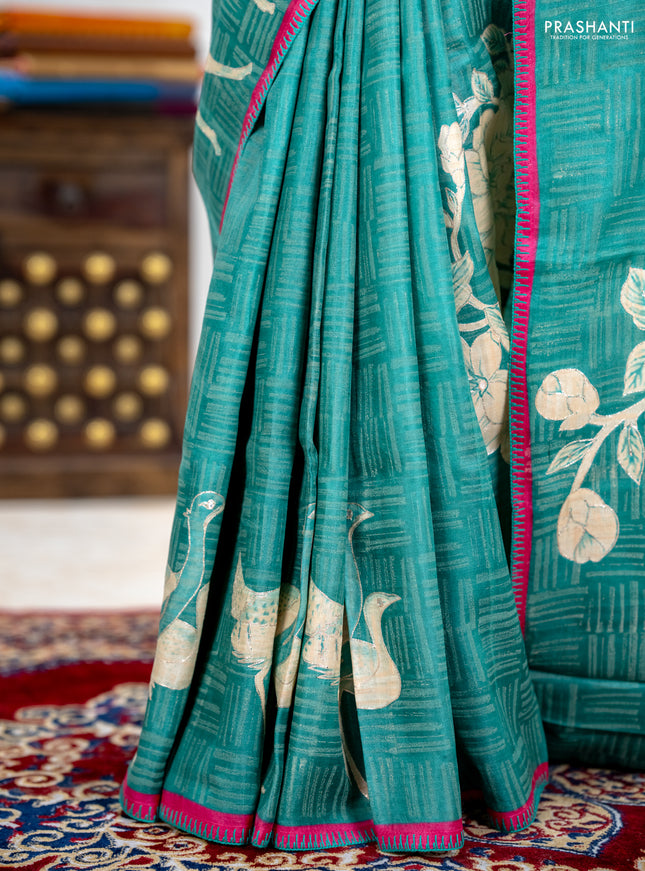 Pure tussar silk saree teal green and pink with prints & pita work and kantah stitch work border