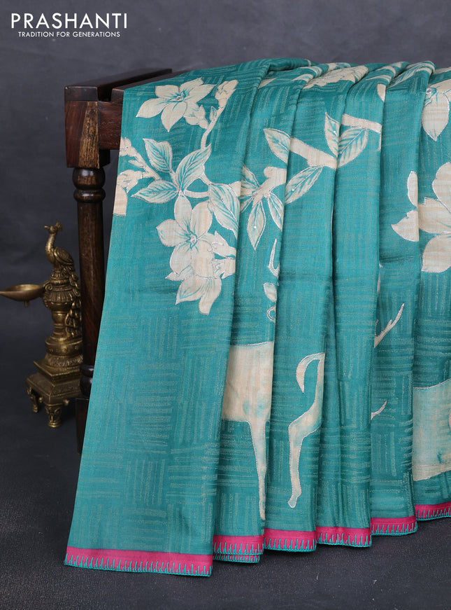 Pure tussar silk saree teal green and pink with prints & pita work and kantah stitch work border