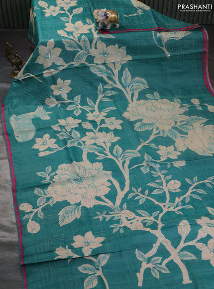 Pure tussar silk saree teal green and pink with prints & pita work and kantah stitch work border