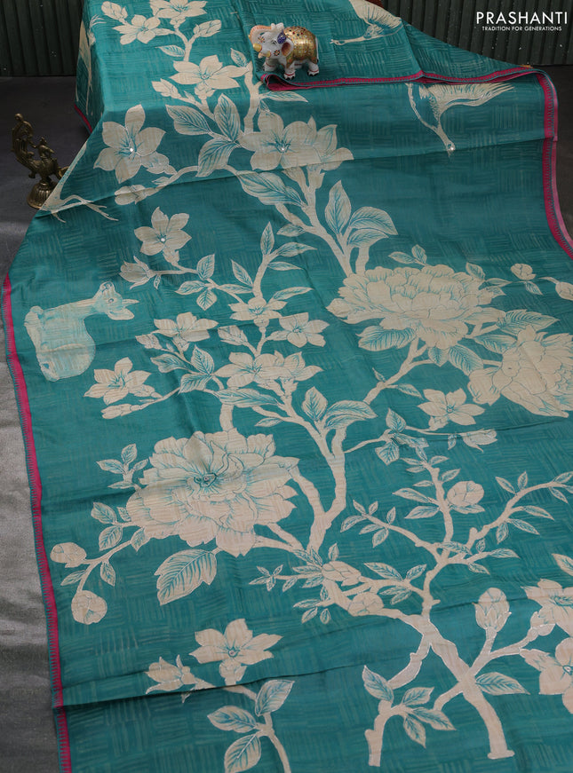 Pure tussar silk saree teal green and pink with prints & pita work and kantah stitch work border