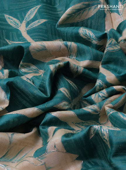 Pure tussar silk saree teal green and pink with prints & pita work and kantah stitch work border