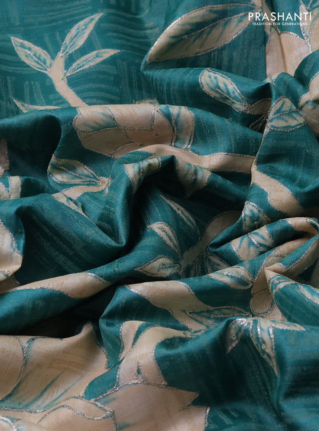 Pure tussar silk saree teal green and pink with prints & pita work and kantah stitch work border