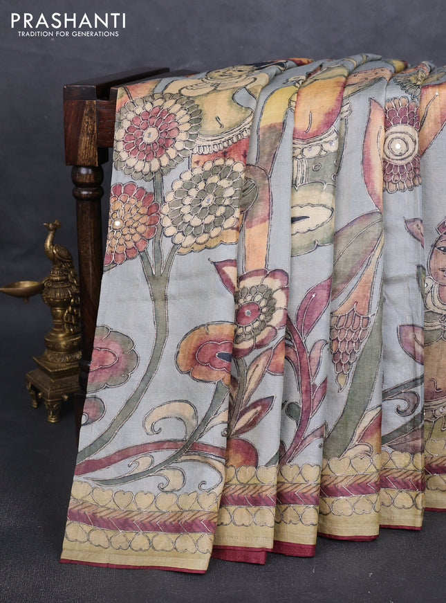 Pure tussar silk saree grey sandal and elaich green with allover pen kalamkari prints & pita work