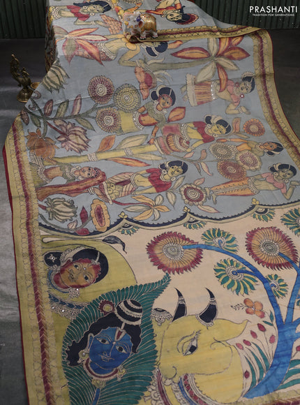 Pure tussar silk saree grey sandal and elaich green with allover pen kalamkari prints & pita work