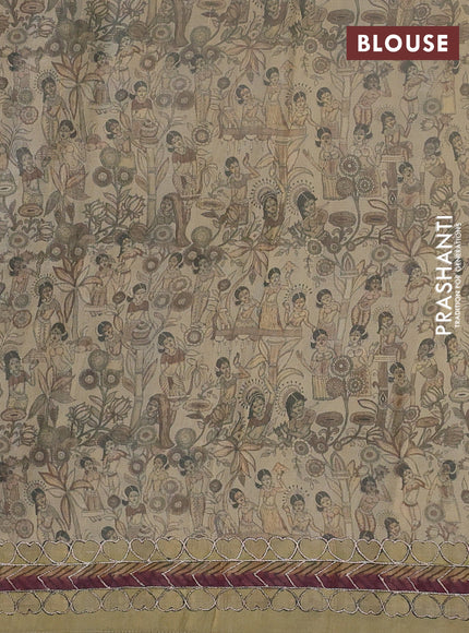 Pure tussar silk saree grey sandal and elaich green with allover pen kalamkari prints & pita work