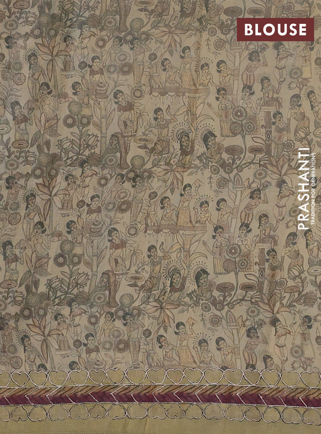 Pure tussar silk saree grey sandal and elaich green with allover pen kalamkari prints & pita work