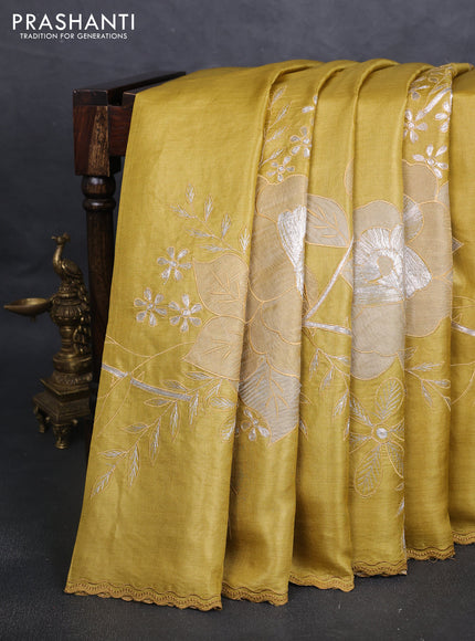 Pure tussar silk saree mustard yellow with floral embroidery applique work and embroidery border