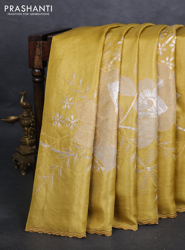 Pure tussar silk saree mustard yellow with floral embroidery applique work and embroidery border