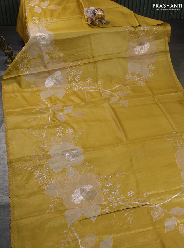 Pure tussar silk saree mustard yellow with floral embroidery applique work and embroidery border