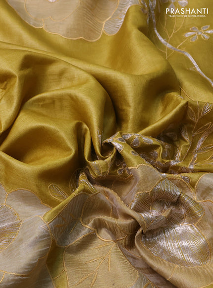 Pure tussar silk saree mustard yellow with floral embroidery applique work and embroidery border