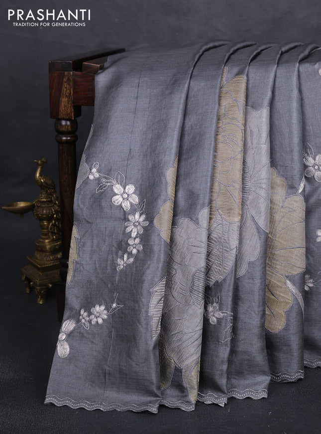Pure tussar silk saree grey with floral embroidery applique work and embroidery border