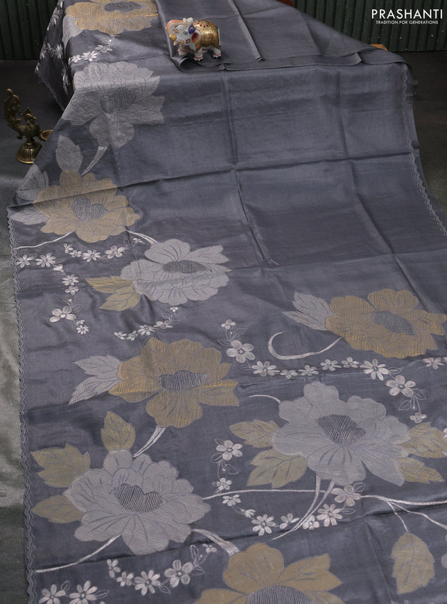 Pure tussar silk saree grey with floral embroidery applique work and embroidery border
