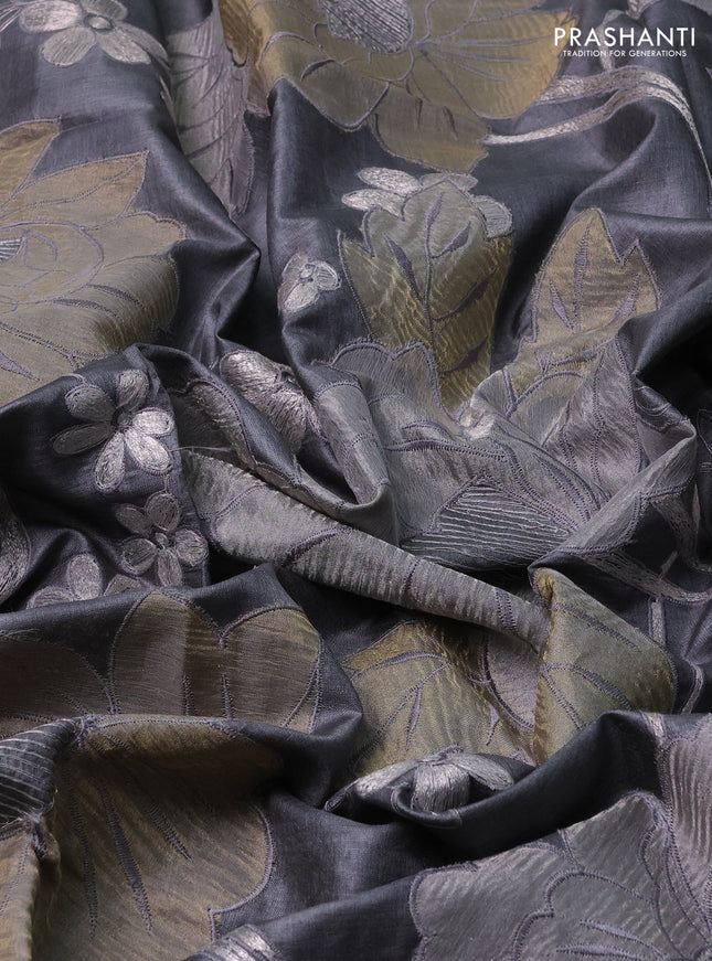 Pure tussar silk saree grey with floral embroidery applique work and embroidery border