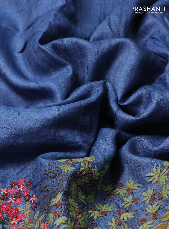Pure tussar silk saree blue shade with plain body and embroidery work border