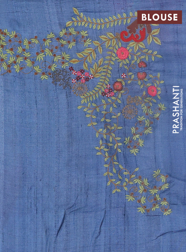 Pure tussar silk saree blue shade with plain body and embroidery work border
