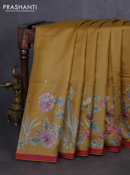 Pure tussar silk saree mustard yellow and maroon with mirror embroidery work and prints & embroidery work pallu