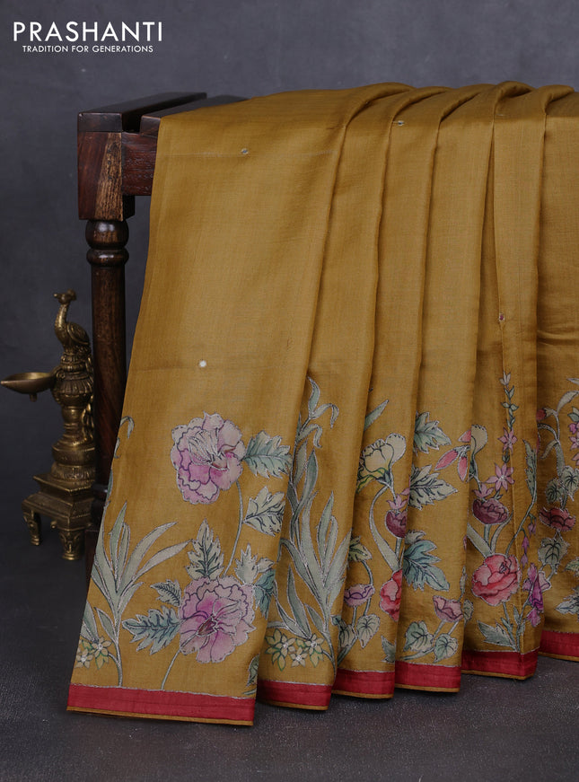 Pure tussar silk saree mustard yellow and maroon with mirror embroidery work and prints & embroidery work pallu