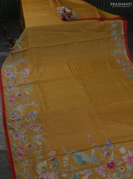 Pure tussar silk saree mustard yellow and maroon with mirror embroidery work and prints & embroidery work pallu