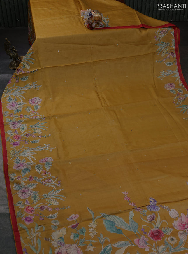 Pure tussar silk saree mustard yellow and maroon with mirror embroidery work and prints & embroidery work pallu