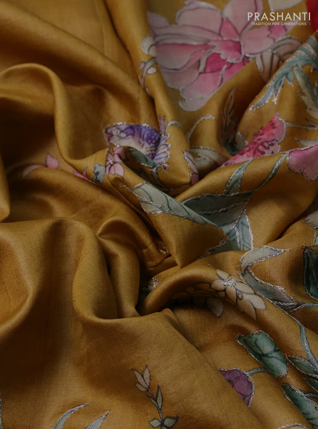 Pure tussar silk saree mustard yellow and maroon with mirror embroidery work and prints & embroidery work pallu
