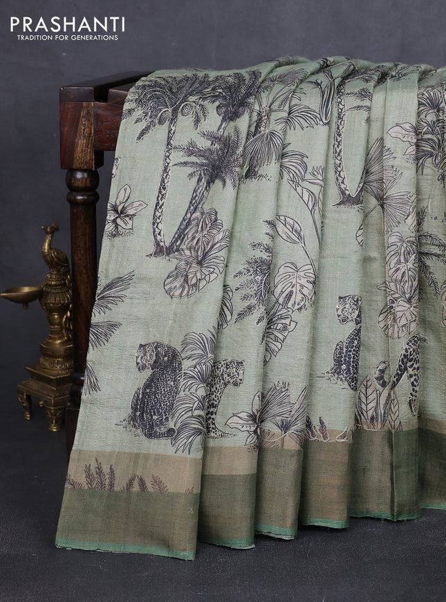 Pure tussar silk saree pastel green and green with allover prints & pita work and zari woven border