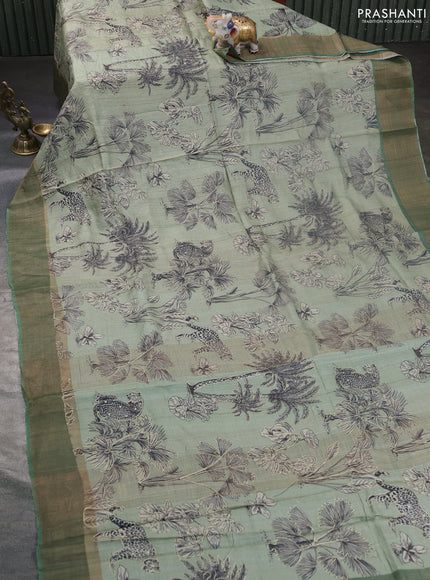 Pure tussar silk saree pastel green and green with allover prints & pita work and zari woven border