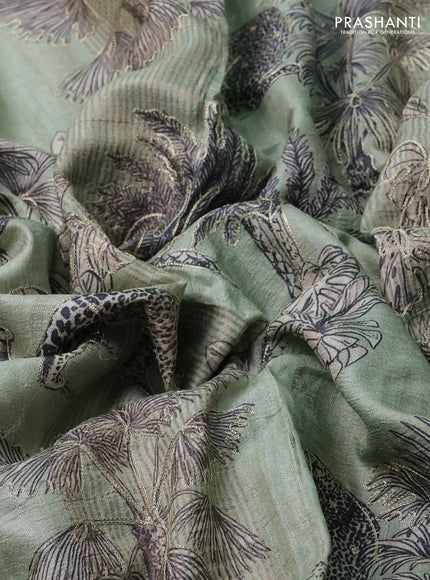 Pure tussar silk saree pastel green and green with allover prints & pita work and zari woven border